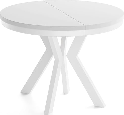 Runder Esstisch Ausziehbar 100-300 cm XXL Groß – Verlängerbar, für 5-14 Personen mit Weißen Holzbeinen & Metallring – Tisch für Wohnzimmer & Esszimmer in Weiß
