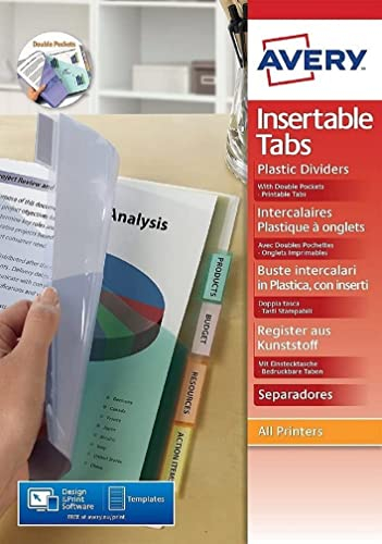 AVERY - Double pochettes intercalaires à onglets personnalisables et imprimables, 8 touches, Format A4+ (permet de classer des pochettes perforées), En polypropylène coloré translucide