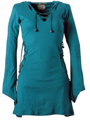Vishes Elfenkleid mit Zipfelkapuze & Schnürbändern in Türkis | Größe M (42) | Handgefertigt aus 100% Baumwolle | Ideal für Herbst & Frühjahr | Nachhaltige Alternative Bekleidung