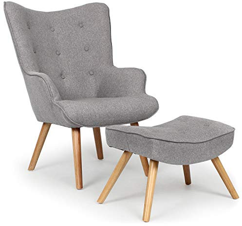 Menzzo Fauteuil Scandinave Gris Clair avec Pouf Repose Pied Salon | Revêtement Tissu | Pieds en Bois | Assise Moelleuse et Confortable | Modèle Lylou | L64 x P48 x H100 cm | Hauteur Assise 42 cm qh8901lightgrey68018 64