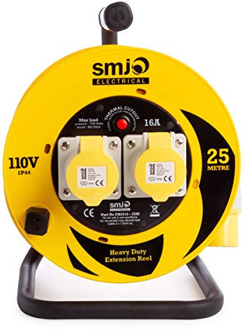SMJ 110V Light Industrial Extension Cable Open Drum Reel - Thermal Cut Out - 25m 16A 2 Way Gang Sockets 1.5mm IP44 Splash Proof Steel Frame Handle