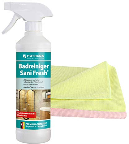 HOTREGA Badreiniger Sani Fresh 500 ml + 2 Microfasertücher - Gebrauchsfertiger, materialschonender Kalk- & Seifenentferner für Bad & WC