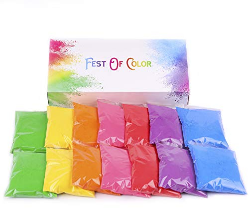 FestOfColor 14 Stück Packungen, je stück 50 g, 7 HELLE farbige Holi Pulver, Pulver für Fotografie, Farben Party, Holi Aktivität, Geburtstagsfeier, Fotoshootings, Geschlecht Shows, Festivals