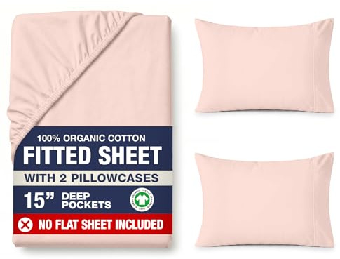 LANE LINEN 100% Organic Cotton Fitted Sheet Super King – Soft & Breathable, 2 Pillow Covers Included, 35cm Deep Pocket, Secure Fit Bottom Sheet - Sepia Rose