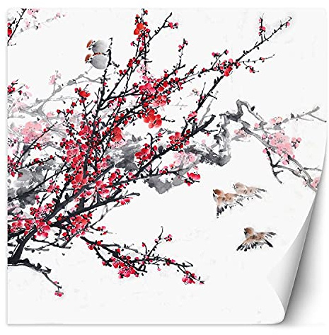 Feeby Vlies Fototapete Uv Gel Druck Kirschblüte Spatzen 300x300 cm Rosa Schlafzimmer Wohnzimmer Büro Hotel Flur Aquarell Japan