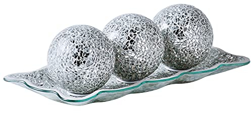 KMWARES Bandeja decorativa de vidrio de mosaico de 12.4 pulgadas con 3 bolas decorativas de 3 pulgadas, decoración de esfera para sala de estar o mesa de comedor, mesa de café, centro de mesa (plata)