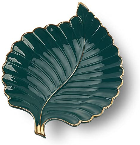 Ceramic Jewelry Trays Trinket Dish Ring Dish Ceramic Candy Plate Snack Plate Leaf Shaped Dish (Blackish Green, Medium)