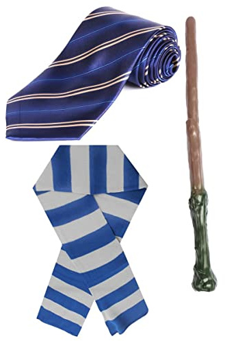 Costume de magicien pour Halloween - La semaine du livre - Foulard rayé bleu/argenté - Cravate et baguette - Idéal pour déguisement sur le thème du film