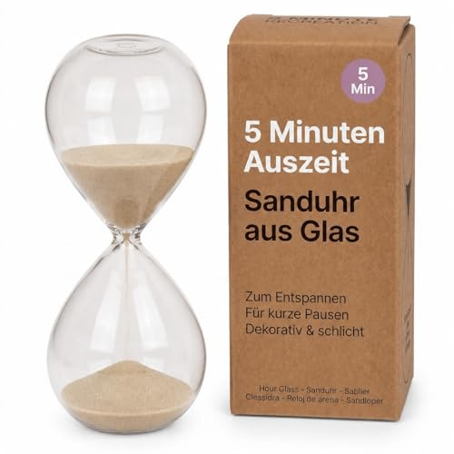 MIJOMA Sanduhr 5 Minuten aus Glas in Natur-Sand – Schlichter Zeitmesser für Pausen, Kochen, Meditation und Wohnambiente