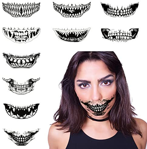 10 Blatt Halloween Tattoo Aufkleber, halloween Mund Tattoo, Halloween Gesicht Tattoo, Halloween Narben Tattoo,Halloween Temporäre Tattoos für Kinder Erwachsener, Halloween Makeup