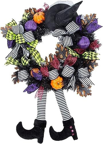 Decorazioni per ghirlande di Halloween, ghirlande di Halloween per porta d'ingresso, decorazione da strega con gambe di cappello e zucca, decorazione da appendere per Halloween, decorazioni per porte