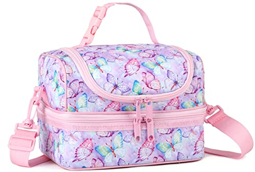 VASCHY Sac Isotherme Repas pour Filles, Sac à Lunch Portatif à Compartiments Séparés Réutilisable Sac à Main de Déjeuner avec Bandoulière Réglable pour École et Pique Nique (Papillon Rose)