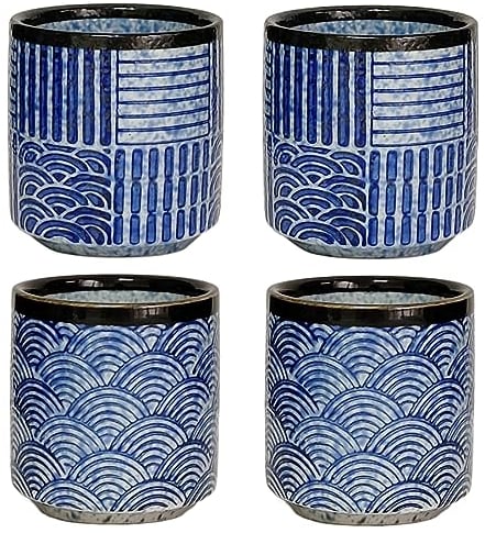 NIUKOMY Lot de 4 Tasses à Thé Japonaise en Céramique, Vintage Tasse à Thé Sans Anse Chinoise en Porcelaine, Petite Tasses à Thé Bleu pour Sushi Saké Espresso, 190ML