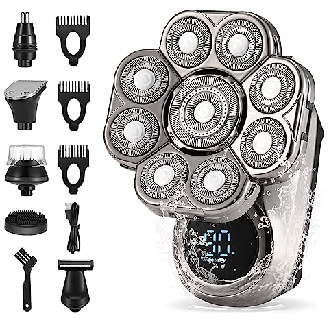 Glatzen Rasierer Herren Elektrisch,6 in 1 Glatzen Rasierer 9 Rotierende IKopfrasierer Glatze, Wasserdichtes Nass und Trocken Rasierer,Glatzenrasierer mit LCD und Pflege Kit