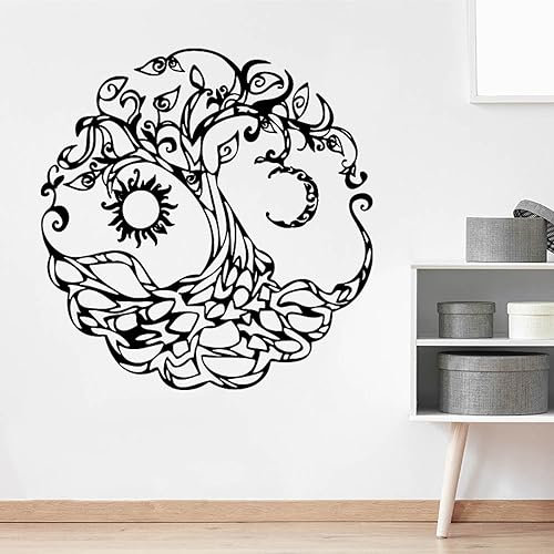WEIMEIJIE Baum des Lebens Sonne Mond Yoga Wandaufkleber Kinderzimmer Schlafzimmer Lebensbaum Natürliche Wandtattoo Wohnzimmer Vinyl Dekoration 56x56cm hoch