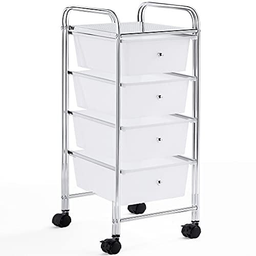 Yaheetech Plastic Storage Cart with 4 Drawers Rolling Drawers Cart Organizer on Lockable Wheels Multipurpose Mobile Trolley for Home Office Salon, White