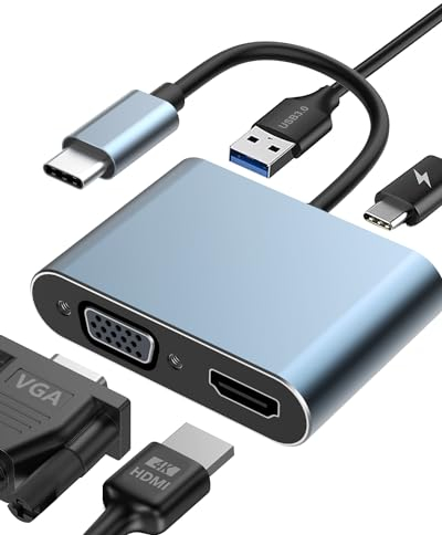 Adaptateur USB C vers HDMI VGA, 4 en 1 Adaptateur HDMI VGA avec 4K HDMI, Adaptateur Multiport Thunderbolt 3 vers HDMI VGA, PD 100W, USB 3.0 pou MacBook/MacBook Pro/Air, Chromebook, Dell, HDTV