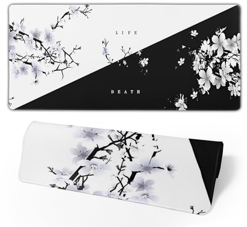 Brecoy Japanische Tastaturmatte Life Death, Schwarz-Weiß, Anime-Gaming-Mauspad mit Rutschfester Gummiunterseite und Genähten Kanten, Sakura-Pagode, Sonne