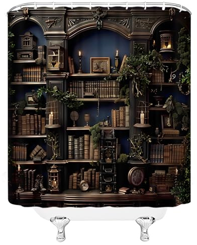 WANVYON Bücherregal Duschvorhang Vintage Mittelalter Bücherregal Gruselig Gothic Dunkel Akademie Bibliothek Badezimmer Dekor Polyester Vorhänge mit Haken