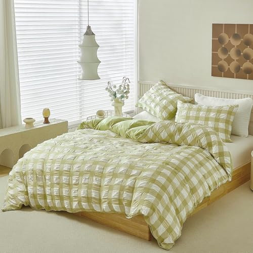 Boqingzhu Kühlende Seersucker Bettwäsche Kariert 155x220cm Grün Weiß Landhausstil Muster Sommer Wendebettwäsche Set Microfaser Bettbezug und 2 Kissenbezüge 80x80cm mit Reißverschluss