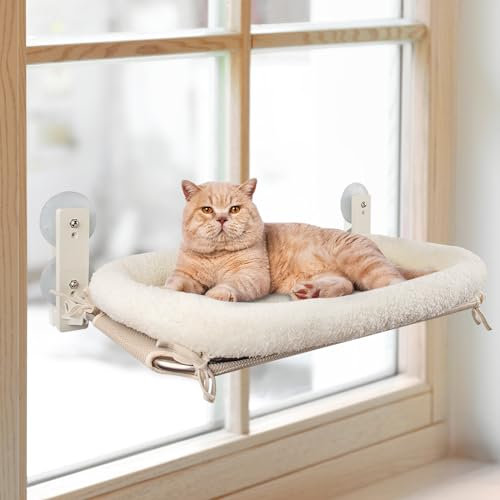 PEFUNY Cordless Folding Katze Fenster Barsch, Katze Hängematte für Fenster und Wand, mit 4 Saugnäpfen, robuste Setal Rahmen für Glasfenster und Innenwände (Weiß mit Bett groß)
