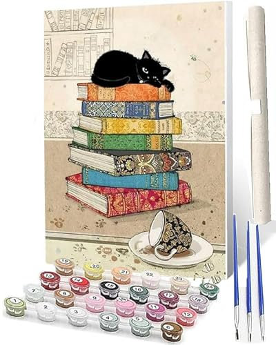 DangHui Chat noir et livre, peinture à l'huile bricolage sur toile, kit de peinture au pinceau et à la peinture acrylique, kit de peinture à l'huile sur toile, peint sans cadre 40 * 50 cm