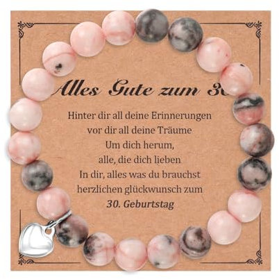 Geschenk 30. Geburtstag Frau, Rosa Naturstein Armband Damen Mit Karte Und Box, Geschenk Zum 30 Geburtstag Frau, Geburtstagsgeschenk Für Frauen 30, Geschenkidee Frau Für Mama, Schwestern, Freund