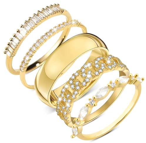 YUFFQOPC 5 Stück Ring Gold Set Frauen,Stapelbare Ringe Set 14 Karat Vergoldete Golden Ringe Gold Damen Daumenring Dünner Fingerring Einfacher Bandring Verlobungsring Engagement Ringe ((54(17.3)))