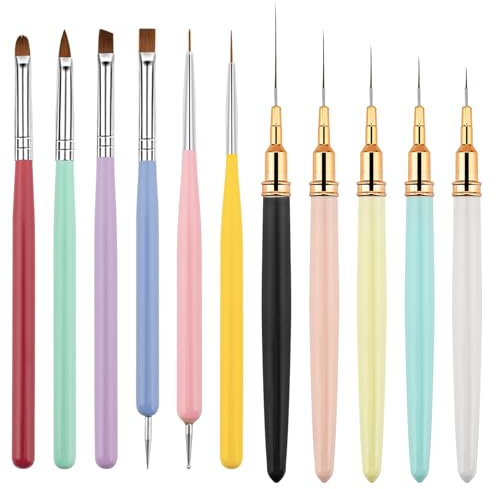11Pcs Nail Art Brushes Set, Gel Nail Brush Nail Design Painting Brushes Tools with Double Ended Nail Dotting Line Pen, Nail Polish Brush for DIY Nail Art Designs Nail Carving French Nails