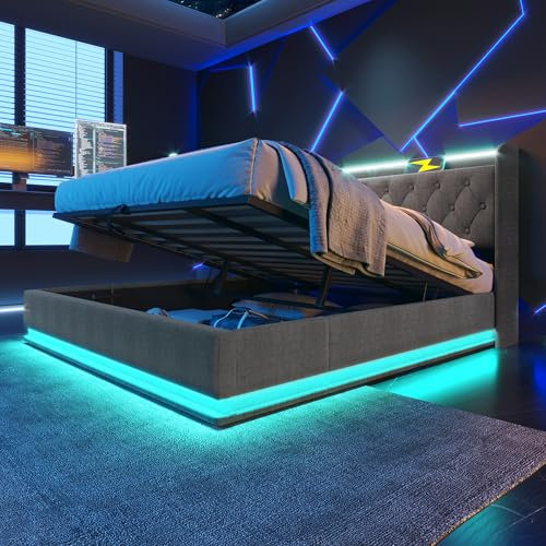 Kayan Polsterbett 180x200 cm, LED Doppelbett mit Stauraum und Lattenrost, Polster Kopfteil mit Regal und USB Typ-C Ladefunktion, Hydraulisch Stauraumbett Bettgestell (Grau, 180x200cm)