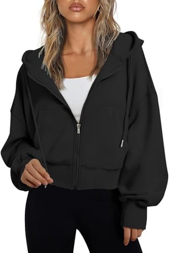 Jhsnjnr Women's Hoodies with Pockets Lightweight Zip Up Sweatshirts Drawstring Long Sleeve Crop Tops Jacket Black