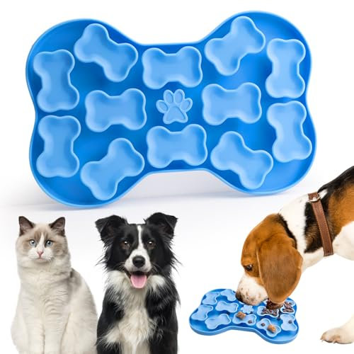 Alfombrilla Comedero Perro, Alfombrilla Comedero Gato Alimentador Lento Forma de Hueso, para Perros Que Se Alimentan Lentamente, con Ventosa, 23,5 X 15,5 cm, Azul