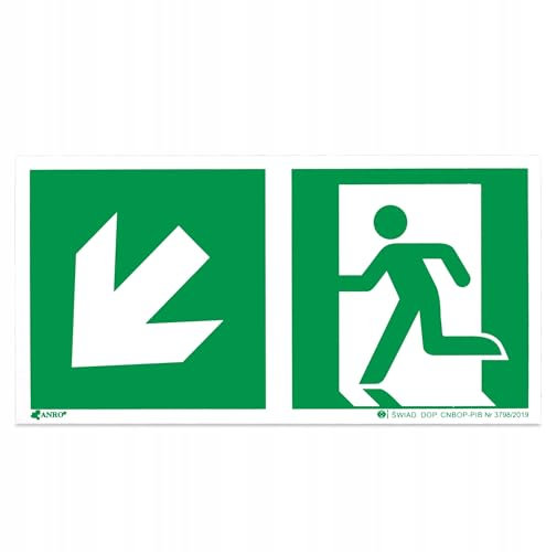 PRINTIMA Nachleuchtendes PVC-Fluchtweg-Schild – 30x15cm, Leuchtendes Rettungsweg-Sicherheitszeichen mit Pfeil nach unten links - Beispiel für einen Fluchtweg über einen Notausgang (E0 02)