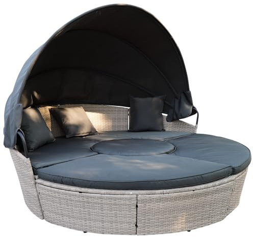 Calma Lux® Poly Rattan Sonneninsel XL mit faltbarem Sonnendach Ø 180/210 cm inkl. Auflagen Kissen, Lounge Sonnenliege Gartenmuschel (Hellgrau, Dia 210)