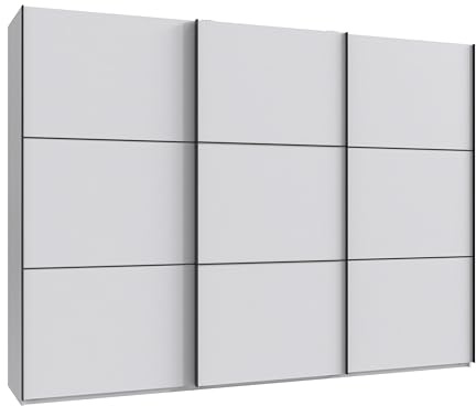 Schwebetürenschrank 3-türig B300/H216/T65 cm in Weiß mit schwarzen Griffleisten, inkl. Selbsteinzug, Kleiderschrank mit Einlegeböden, Kleiderstangen, Schubladen, Wäscheeinteilung / 22016