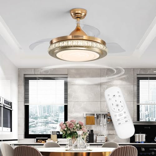 Warmiehomy Modern Ceiling Fan Lamps with Retractable Fan,42 Inch Bedroom Fan Light Ceiling with Remote Control,36w Quiet LED Ceiling Fan with Crystal 3 Colour Changing Invisible Fan