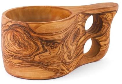 Kuksa-Tasse aus Olivenholz mit 2-Finger-Seitengriff, rustikaler Campingbecher aus Holz für Kaffee, Tee und Drinks im Freien, mit Bienenwachs-Finish und Personalisierung