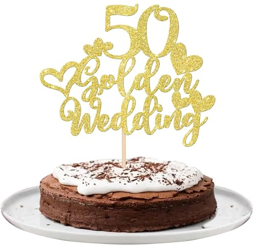 1 Stück 50 Golden Wedding Tortendeko Glitzer Herz 50th Anniversary Cake Topper für Gruß auf 50 Jahre Gesegnete und Geliebte Hochzeit Jahrestag Party Kuchen Dekorationen Gold