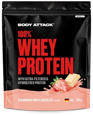 Body Attack 100% Whey Protein Strawberry White Choc., 900 g - Extra cremiges Eiweißpulver mit Hydrolysat & BCAA´s, unterstützt Muskelaufbau und Diäten - Für Sportler & Athleten
