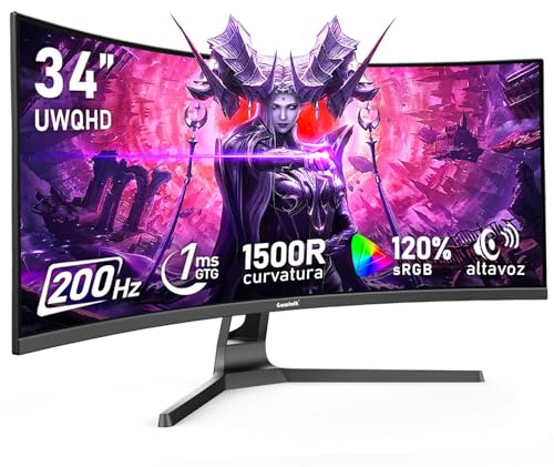 Gawfolk Monitor Gaming Curvo 34 Pulgadas, UWQHD, 3440×1440p, 200Hz | Pantalla ultraancha, curvatura 1500R, 120% sRGB, sinc. adaptativa, altavoces integrados, HDMI2.0/DP1.4, montaje VESA, negro