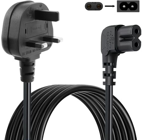 UK TV Power Cable IEC C7 90 Degree Angle 1.5M, Figure 8 Power Lead | C7 Power Cable Universal Plug for Samsung LG Sony TVs PS5 Xbox Series X LED Monitors