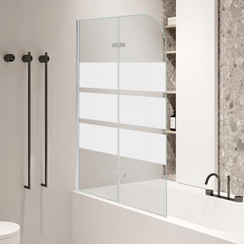 Jaxguom Paroi de douche pliable en 2 parties pour baignoire 100 x 140 cm | Verre de sécurité ESG de 6 mm - Double face - Pour salle de bain - Pivotant à 180° - Facile à nettoyer - Sérigraphie blanche