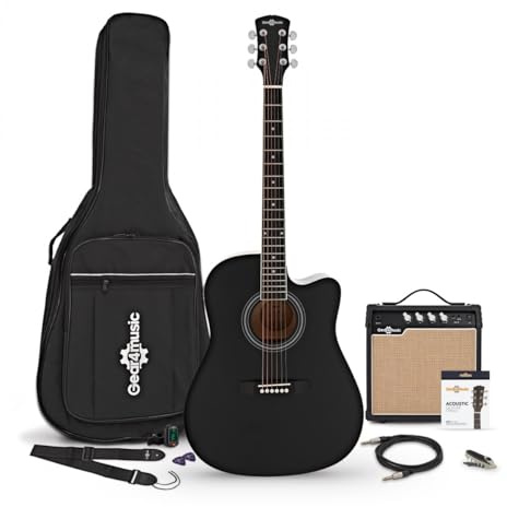 Dreadnought Cutaway Electro Acoustic Guitar Black, 15W Amp Pack | For beginners, comfortable C-shaped neck, on-board 3-band EQ pre-amp, 15W amp/cable/strap/capo/tuner/strings included