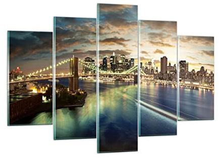 Moderne Impression sur Verre 150x100cm Image Tableau en Verre Decoration Murale Amérique Architecture New York Grand XXL Tableaux Decoratifs Chambre Triptyque 5 parties Deco Salon Art GEA150x100-0226