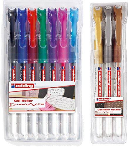 edding 2185 Gel-Roller (Standard-Farben), 7-Stück, 0,7mm | schwarz, rot, grün, blau, violett, pink und hellblau + 3er Metallic - gold, silber, kupfer