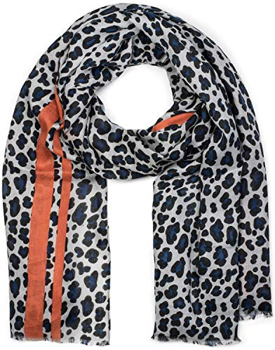 styleBREAKER Damen Schal mit Leo Muster, farbigem Streifen und Fransen, Tuch 01017082, Farbe:Blau-Orange