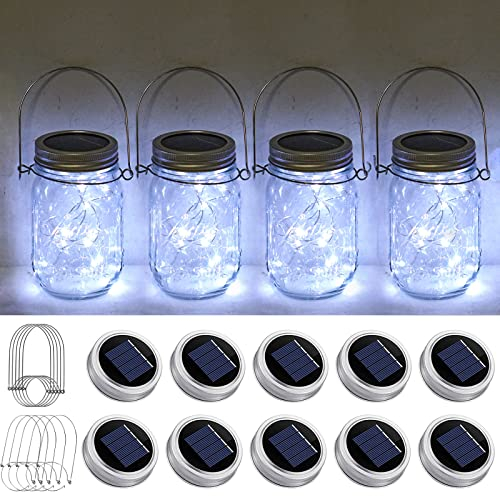 Solar Mason Jar Lights 10 Pack 20 LED Waterproof Outdoor Fairy Firefly String Light Lids with 10 Hangers Rust Resist for Patio Lawn Garden Wedding Lantern Decor No Jars (Cool White)