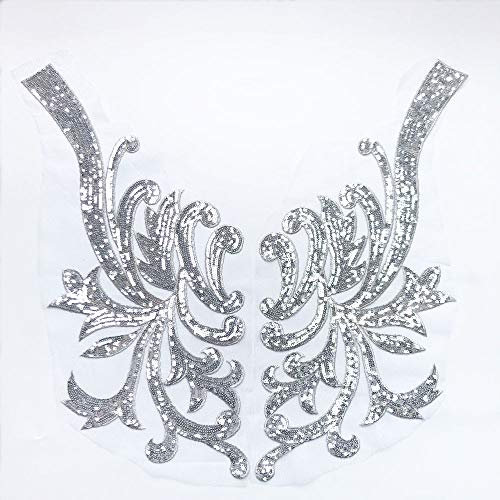 Dreamshome 2Pcs Sequins Gold Silver Flower Fabric Lace Applique Net Trim Sewing Motif Wedding Evening Dress Bridal DIY Craft (Silver)
