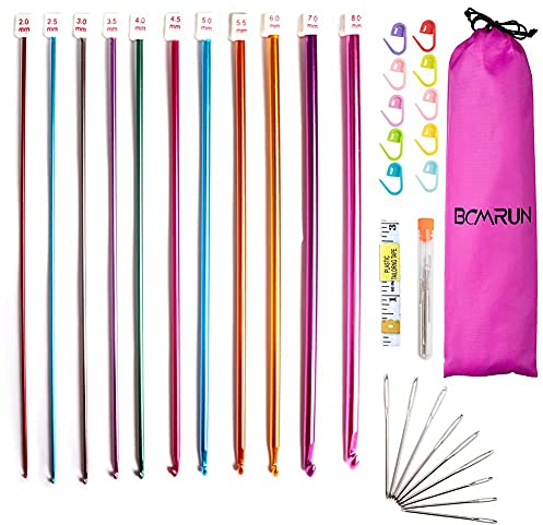 Häkelnadel-Set, 11 Größen aus Aluminium, tunesisch-afghanisches Stricknadel-Set mit Aufbewahrungstasche, inklusive Stichmarker, große Öse, stumpfe Augennadeln, Maßband, für Anfänger, Heimgebrauch