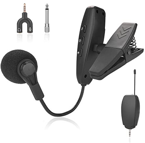 Micrófono de instrumento inalámbrico, micrófono condensador de clip UHF, para cuernos, trompetas, clarinetes, saxofones, violonchelo, computadora, teléfono, altavoces, amplificador de voz de 132 pies,